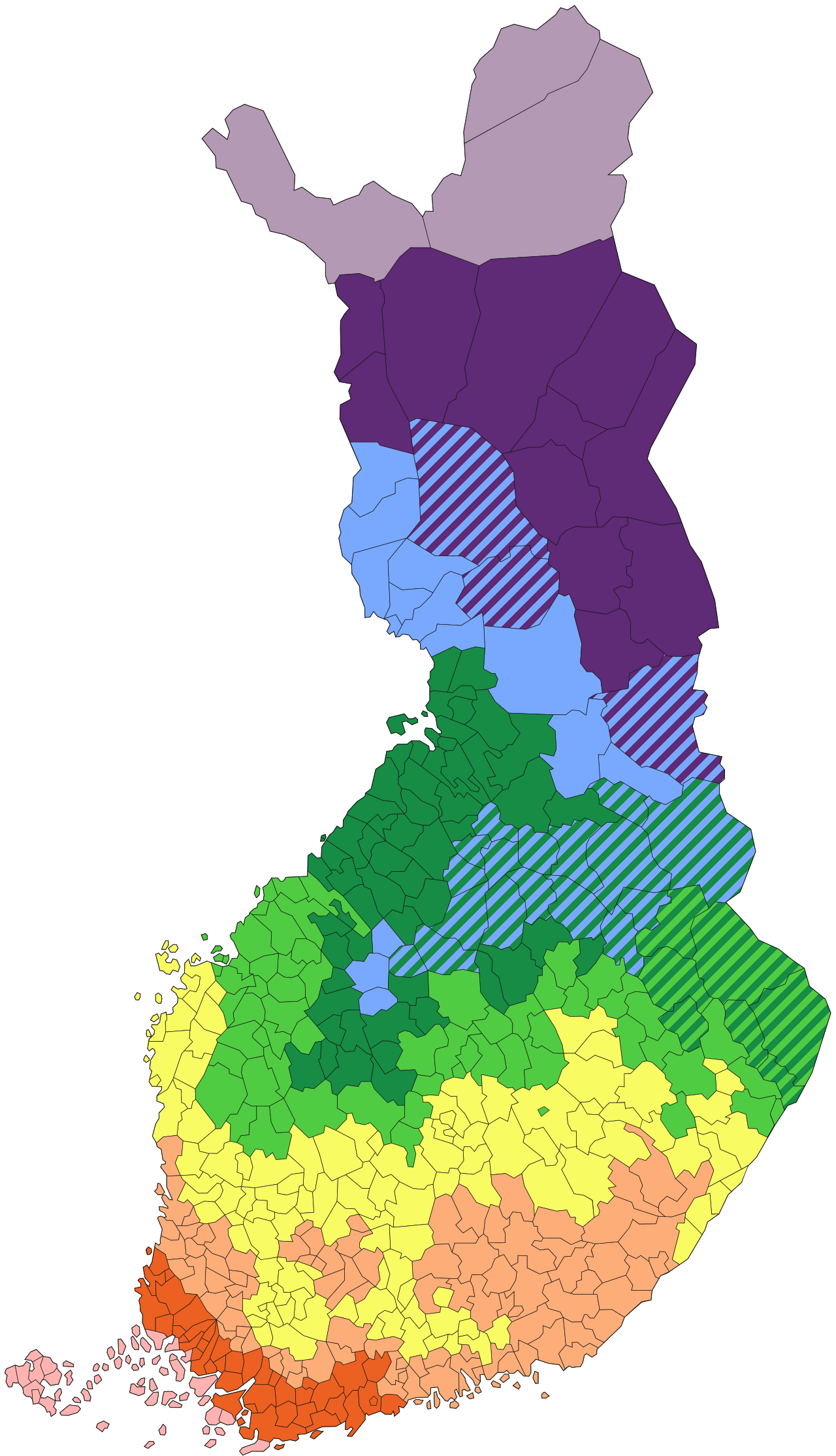 Suomen kartta, jossa kasvien menestymisvyöhykkeet 1A–8 on merkitty väreillä kunnittain ja kahden vyöhykkeen kunnat raidoituksella